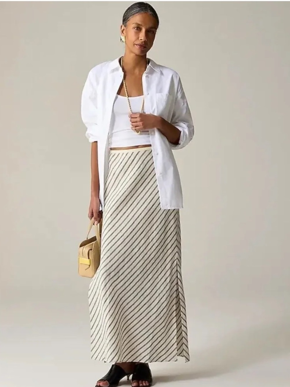J.Crew Gwyneth Slip Skirt In 100% Linen Lined Striped Beige Size XL